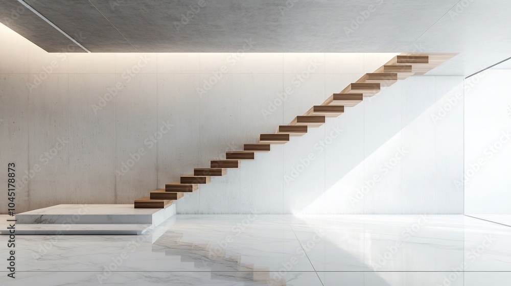 Poster modern staircase with wooden steps leading up to a large window in a spacious, minimalist room with 