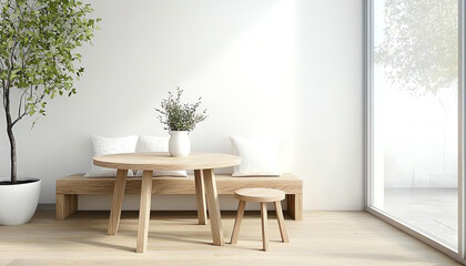 Creating a cozy atmosphere designing a charming dining nook with a round wooden table and built-in seating for relaxed gatherings