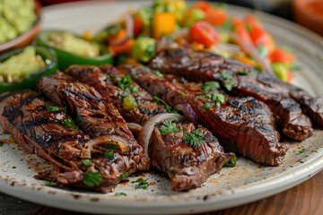 A plate of arrachera, grilled skirt steak served with roasted onions, jalapenos, and a side of guacamole