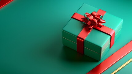Obraz premium 3D Bright Green Gift Box with Red Ribbon and Bow. Christmas Theme.