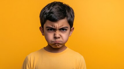 Fototapeta premium intense anger expression on latinx boy's face against vibrant yellow background, close up portrait. hard feelings, personal conflict, emotional tension, psychological reaction. banner with copy space