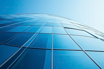 Obraz premium Modern building with curved glass facade reflecting sky. Contemporary architectural design against a clear blue backdrop with generative ai