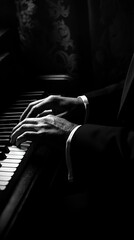 A man's hands play a piano in a dimly lit room.