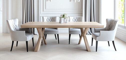 Fototapeta premium Elegant formal dining room featuring a grand upholstered table and stylish chairs in a contemporary design