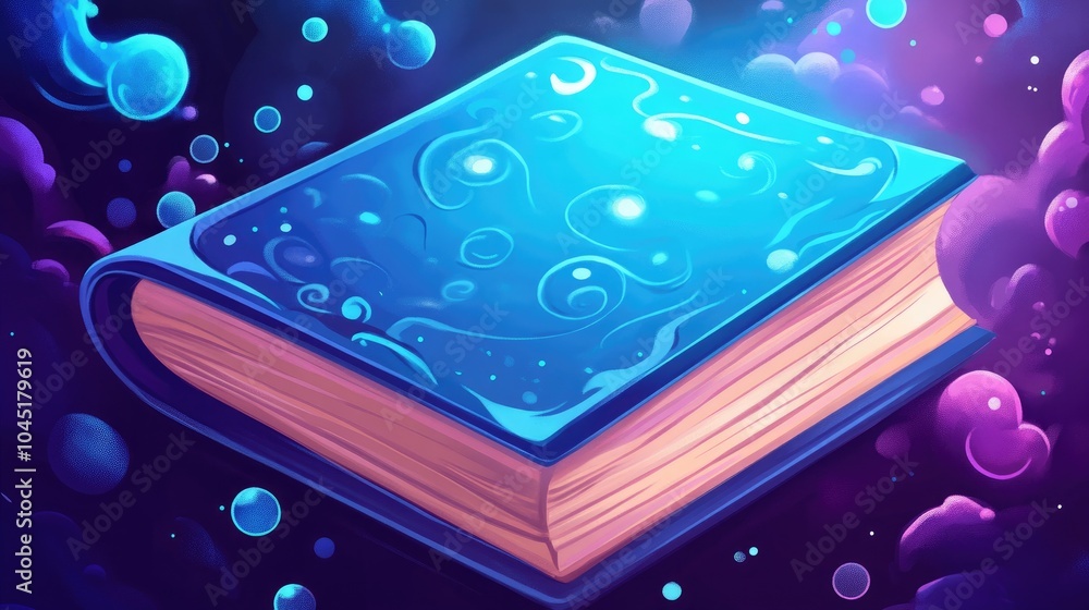 Poster cartoon spellbook featuring a thought bubble design in a smooth gradient style