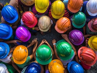 A group of people wearing colorful hard hats.