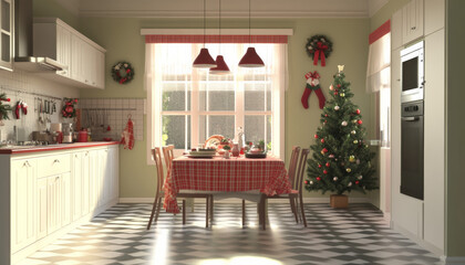 Christmas table in perspective, in a kitchen with Christmas decorations