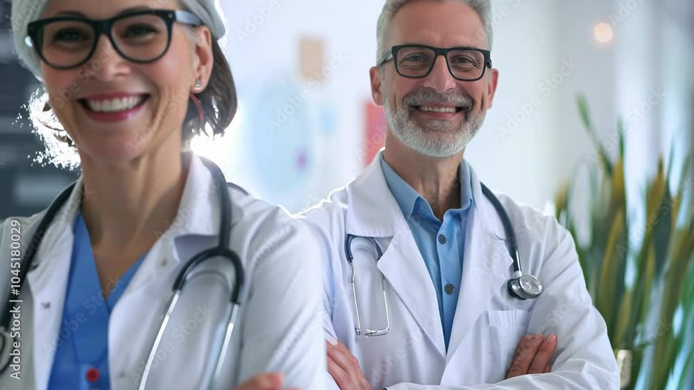 Poster two doctors are smiling for the camera. one of them is wearing a stethoscope. the scene is set in a 