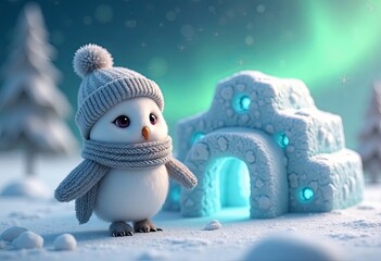 Obraz premium cute snowy owl building an igloo in a winter wonderland with Aurora Borealis, 3D render for holiday cards