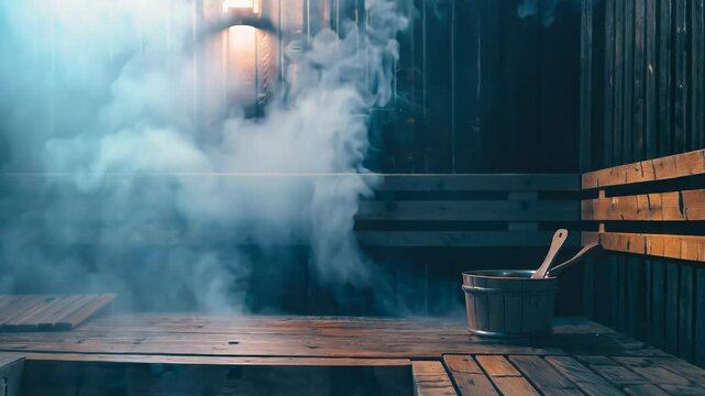 Steamy room with a wooden bench and a small wooden tub. The steam is thick and heavy, creating a cozy and relaxing atmosphere