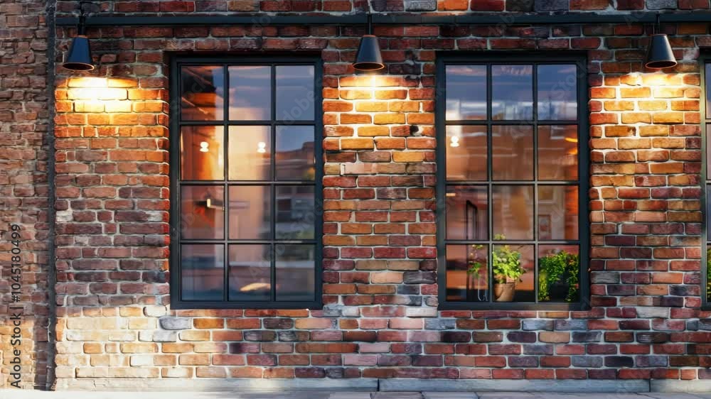 Poster three windows on a brick building with a green plant in each window. the windows are lit up, creatin