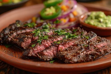 A plate of arrachera, grilled skirt steak served with roasted onions, jalapenos, and a side of guacamole