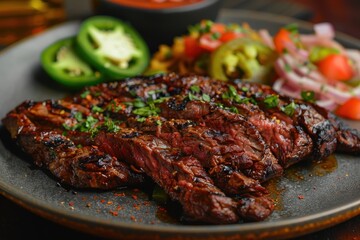 A plate of arrachera, grilled skirt steak served with roasted onions, jalapenos, and a side of guacamole