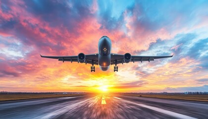 Naklejka premium Passenger plane taking off into a colorful sunset sky over an airport runway
