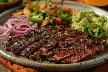 A plate of arrachera, grilled skirt steak served with roasted onions, jalapenos, and a side of guacamole