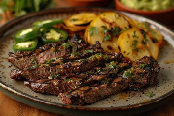 A plate of arrachera, grilled skirt steak served with roasted onions, jalapenos, and a side of guacamole