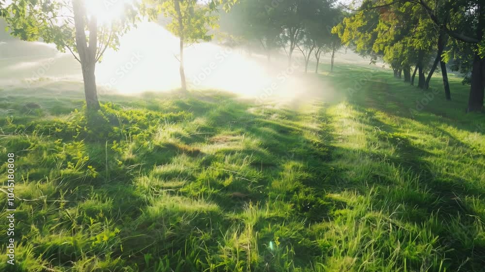 Poster field of grass with trees in the background. the grass is green and the trees are tall