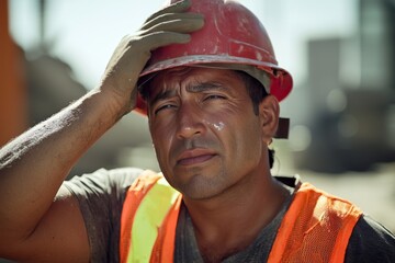 Construction worker wipes sweat from brow
