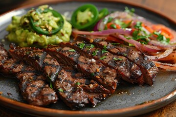 A plate of arrachera, grilled skirt steak served with roasted onions, jalapenos, and a side of guacamole