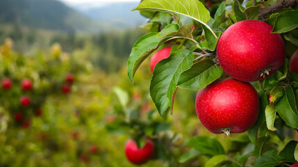 Ripe red apples hanging from a tree branch in an orchard.