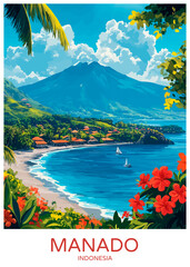 Manado Indonesia Poster Illustration Travel Print Decor Gift Paper Canvas Wall Retro Art