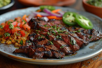 A plate of arrachera, grilled skirt steak served with roasted onions, jalapenos, and a side of guacamole