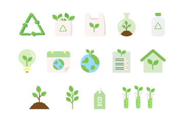 Eco icon set. Ecology, environment, natural, green, earth, sustainable, renewable, research concepts. Flat vector design isolated illustration.