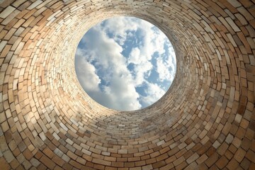Naklejka premium Mortar made of brick Highly spherical. Look up from the bottom to the top. There are clouds and beautiful sky with generative ai