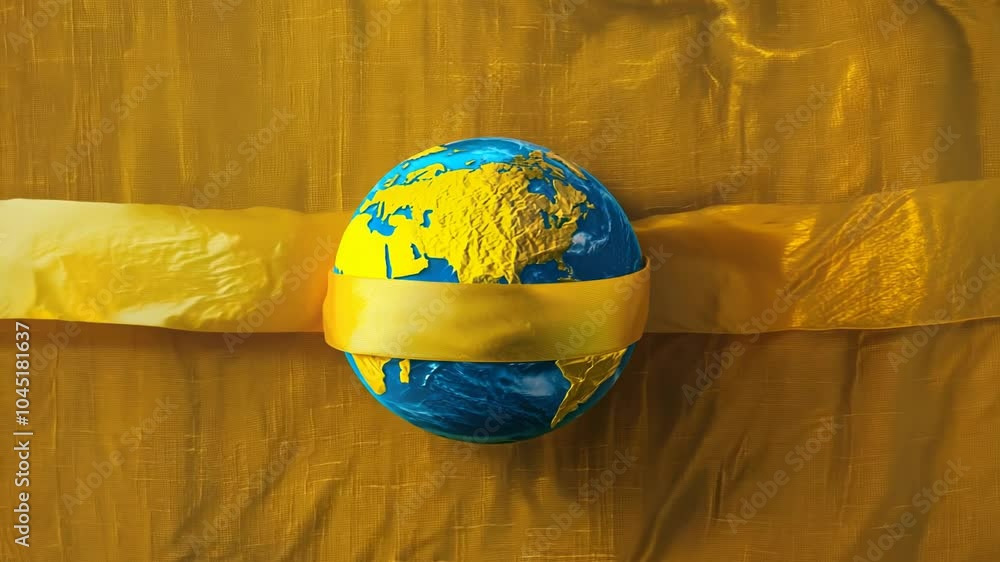 Poster globe is wrapped in yellow ribbon. the ribbon is tied around the globe in a way that it looks like t