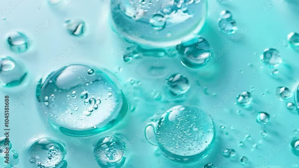 Poster blue liquid with many small bubbles on top of it. the bubbles are of different sizes and are scatter