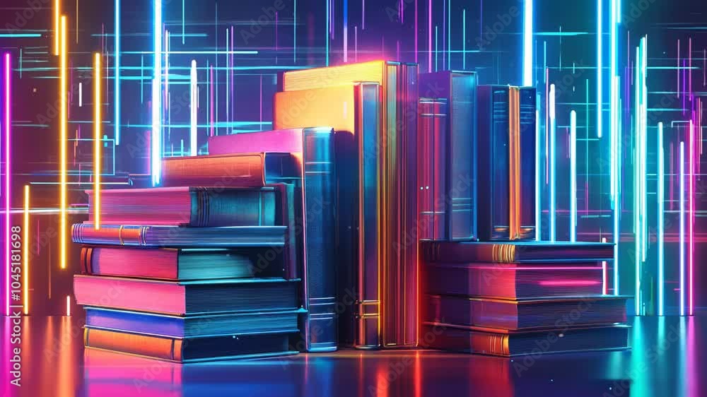 Poster stack of books with a colorful background. the books are arranged in a way that they look like they 