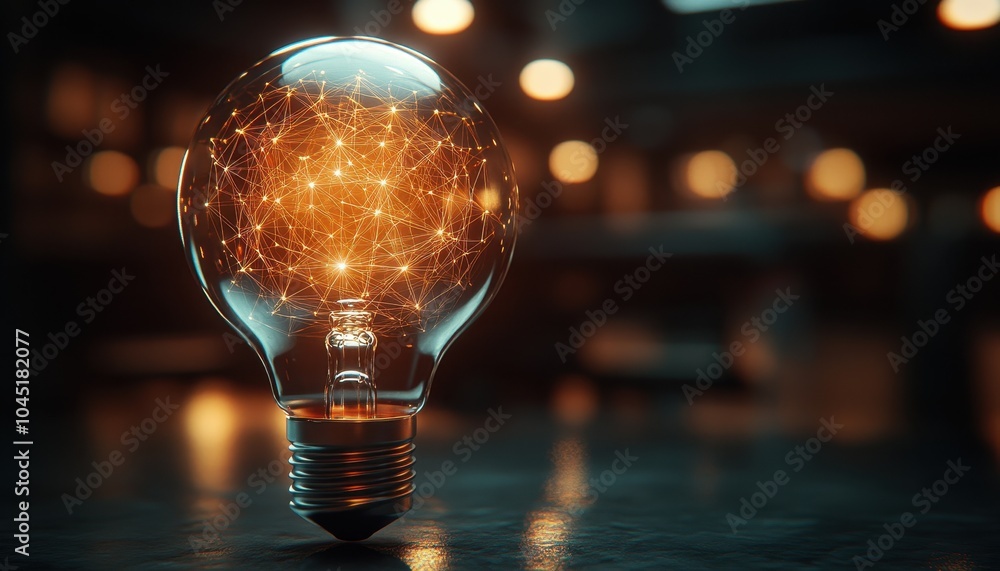 Poster a detailed view of a light bulb featuring a complex digital network inside
