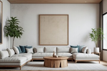 Fototapeta premium Modern Japandi living room with plaster and wood, painting frame on the wall, zen - minimalism style.