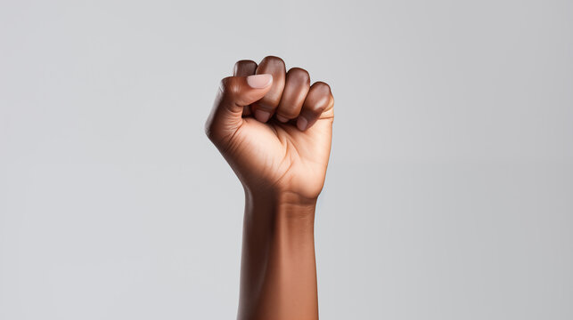 Close-Up of Raised Black Woman's Fist in Studio Shot. Woman hand. Black History. African American female