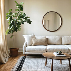 Minimalist cozy home interior design of a modern living room with beige sofa ans a fig plant, mockup  frame concept