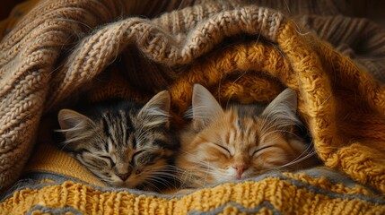 Naklejka premium Featuring cats snuggled in warm, cozy blankets, emphasizing comfortable and serene moments. Ideal for cozy-themed social media posts and pet blogs. Detailed view of cats curled up.