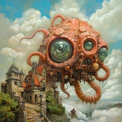 Obraz premium Surreal Steampunk Creature Overlooking a Medieval Town