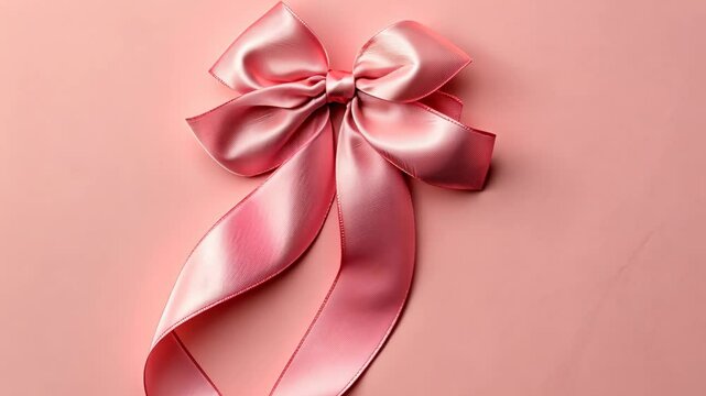 A pink satin ribbon tied into a bow against a pale pink background