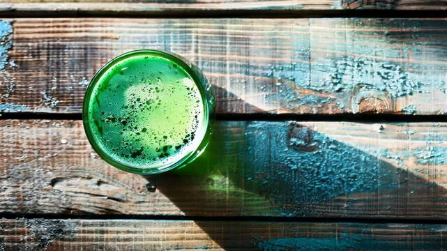 Green glass of liquid sits on a wooden table. The liquid appears to be a type of juice or smoothie. The table is made of wood and has a natural, rustic feel to it. The glass is almost full