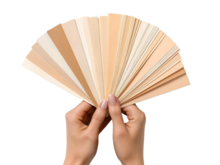 A woman's hands holding a fanned out group of beige paint swatchecolor swatch of beige tones, 
 isolated over transparent background, png ready cut-out