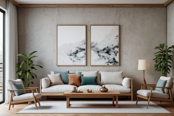 Modern Japandi living room with plaster and wood, painting frame on the wall, zen - minimalism style.