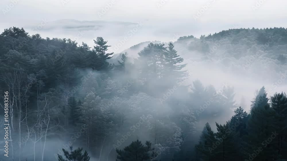 Poster Foggy forest with trees and a misty sky. The atmosphere is calm and serene, with the fog adding a sense of mystery and tranquility to the scene