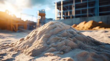 Fine sand pile in foreground with detailed texture, blurred industrial building background, natural daylight, subtle shadows, earthy tones, construction setting