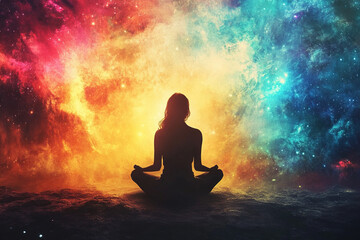 Silhouette of a woman sitting in lotus position in front of the vast universe. Mental health concept. Generated by artificial intelligence