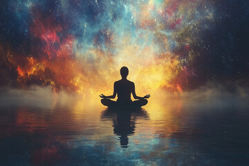 Silhouette of a woman doing yoga on the water surface against the background of the cosmic sky. The concept of caring for yourself and mental health.