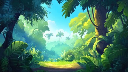 2D Cartoon Illustration of a Jungle Scene in the Morning