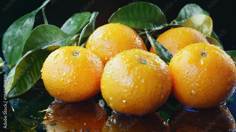 Poster group of oranges are sitting on a table with water droplets on them. the oranges are ripe and ready 