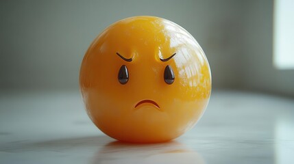 Fototapeta premium three-dimensional emoji with a downcast face and a sweat drop, rendered in a glossy finish against a crisp white background, capturing a relatable expression of mild embarrassment