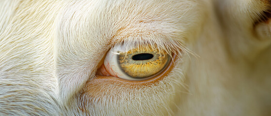 Closeup of a goats eye with golden iris and white fur