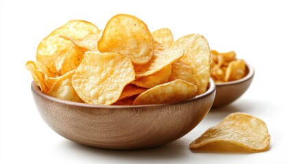 Golden potato chips served in wooden bowls on a clean white background